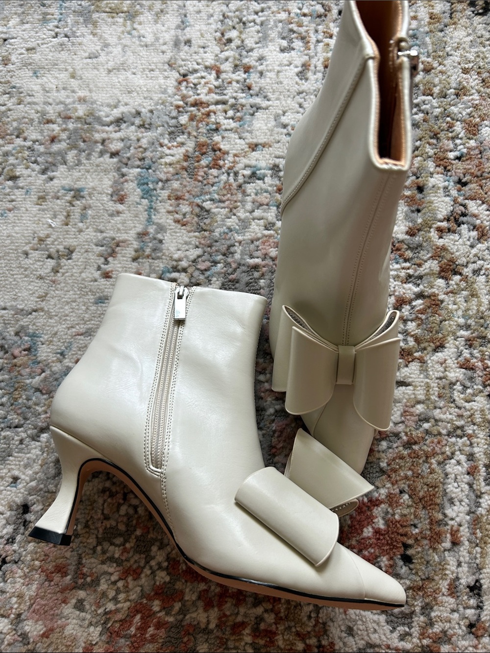 Bow-Trim Cream Pointed-Toe Ankle Booties